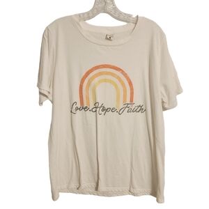 Life Elsewhere | Women’s "Love Hope Faith" White Novelty T-Shirt (Size 1X)